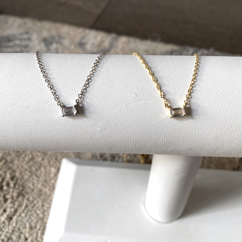 Dainty east west Emerald cut diamond necklace